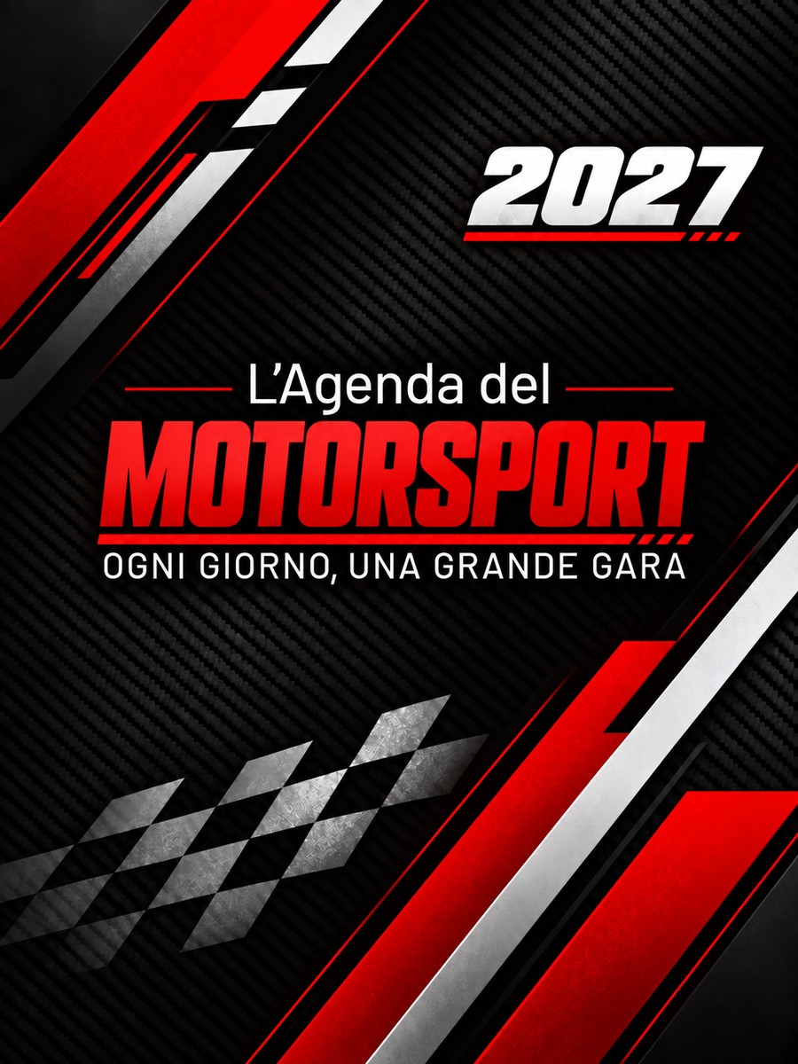 Copertina de L'Agenda del Motorsport 2027: fondo nero in carbonio con grafiche rosse e bianche e la scritta 2027